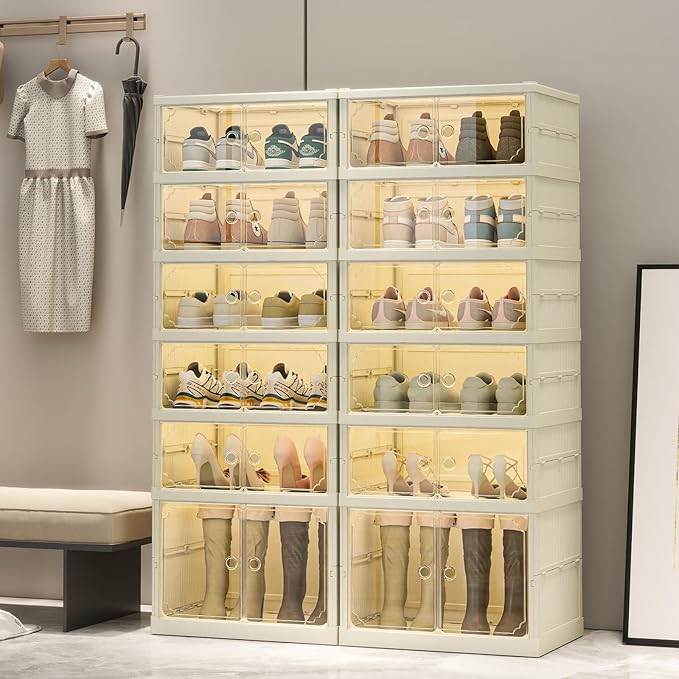 6 Tiers Foldable Shoe Rack Organizer for Closet with Wheels, 24Pairs Plastic Collapsible Shoe Shelf for Front Door Entrance Stackable Clear Folding Shoes Storage Boxes Tall Shoe Cabinet