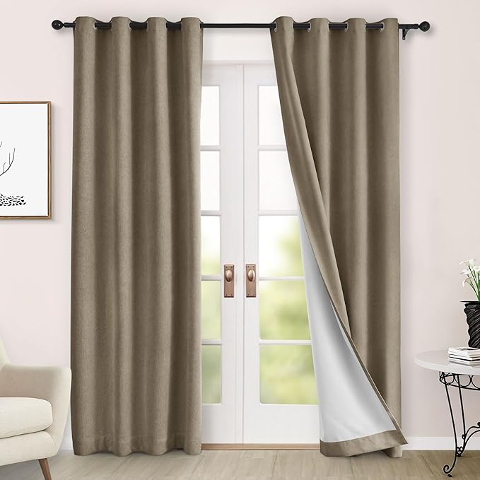 Macochico 100% Blackout Chenille Curtains Thermal Insulated Noise Reducing Velvet Draperies for Living Room Bedroom Hotel Palm Blackout Curtains Grommet Top with Tieback 84" Wx84 L 1 Panel