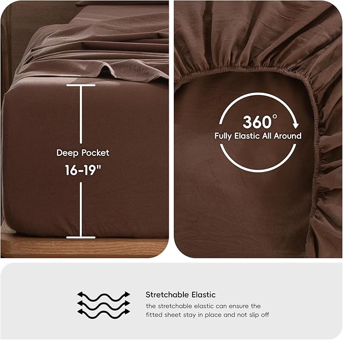 MooMee Bedding Sheet Set 100% Washed Cotton Linen Like Textured Breathable Durable Soft Comfy (Solid Cocoa Brown, Twin XL)
