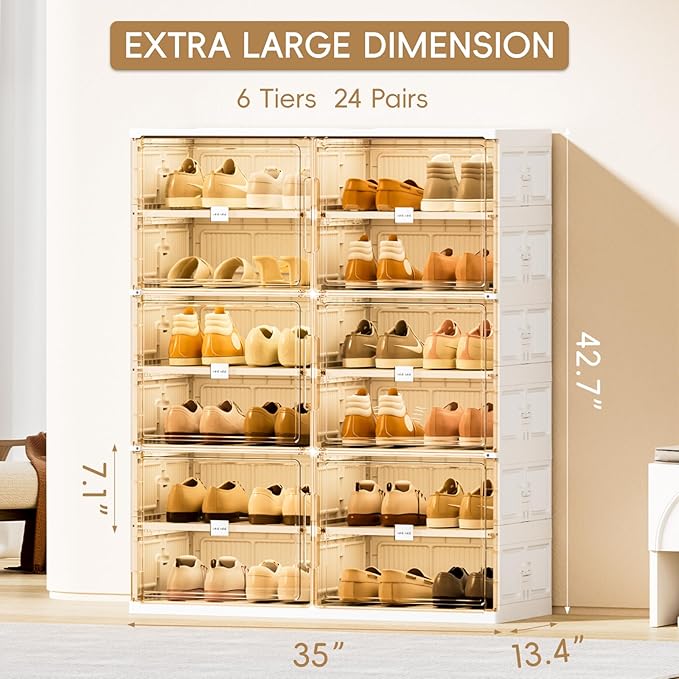 JEKO&JEKO 6 Tiers Foldable Shoe Rack Organizer Cabinet for Closet Entryway, Large Collapsible Shoe Storage Box with Magnetic Doors Fits Up to 24 Pairs (White)