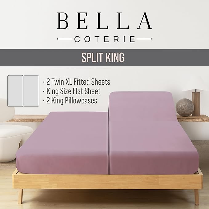 Bella Coterie Luxury Bamboo Viscose Split King Size Sheet Set | 2 Fitted Sheets for Sleep Number & Adjustable Beds | 100% Organically Grown | Cooling & Ultra Soft | 18” Deep Pocket [Lilac]