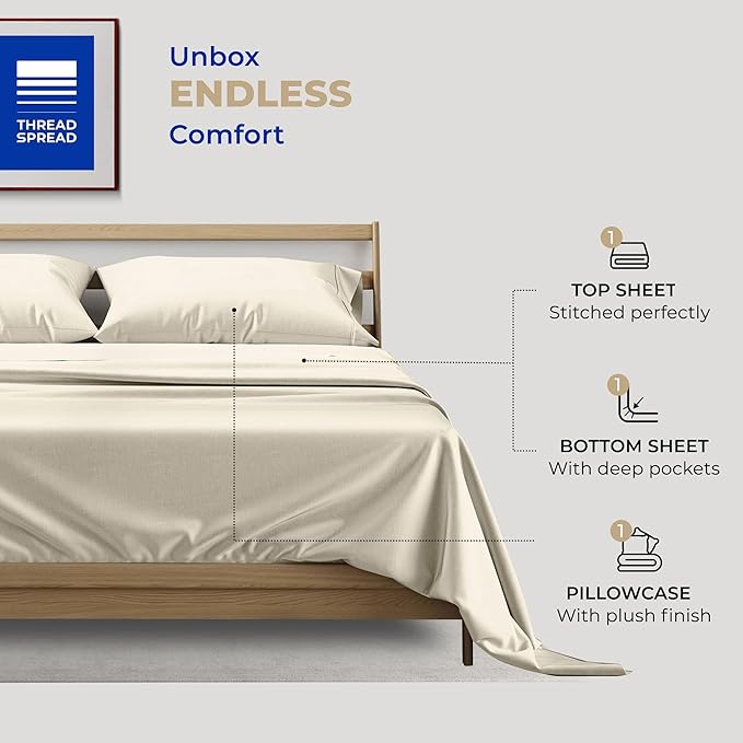 THREAD SPREAD 100% Cotton Twin Sheet Set - 400 Thread Count, 3 PC, Cooling & Luxury Sateen, 16" Deep Pocket, Breathable for Dorm Room (Ivory)