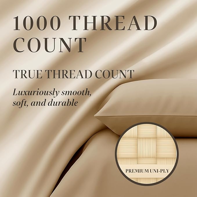 Hyde Lane Luxury 1000 Thread Count 100% Cotton Sheets | Very Soft & Thick - Fits Upto 20" Mattress | Sateen Weave Bed Sheets 18" Deep Pocket- 4 PC Sheet Set (Taupe, Queen)
