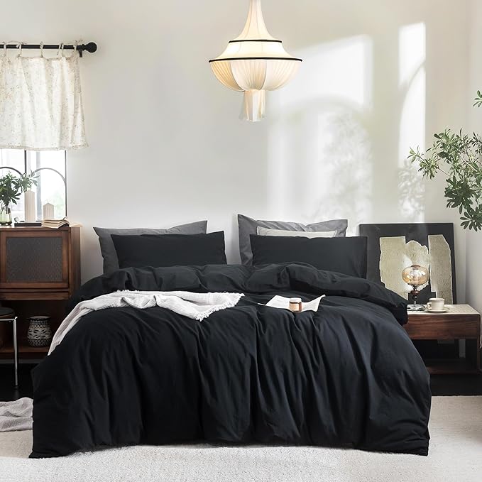 FOSSA Duvet Cover Set 100% Washed Cotton Linen Feel Super Soft Breathable Cozy 3 Pieces Bedding Sets Solid Black King