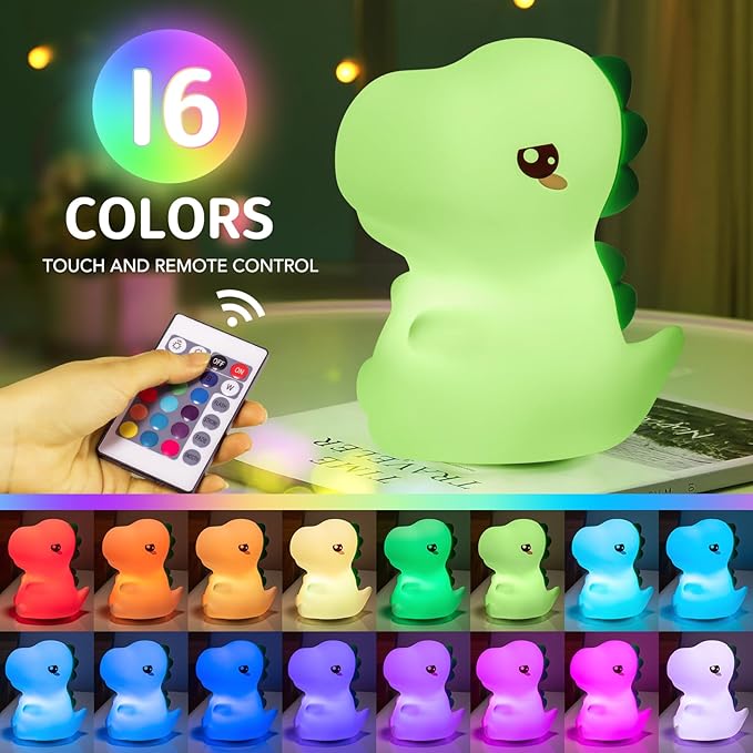 One Fire Dinosaurs Night-Lights 16 Colors+Remote LED Squishy Cute Lamp, Silicone Dimmable Nursery Night Light for Bedroom, Cute Light Up Dinosaur, Rechargeable Kawaii Lamp for Baby Nursery Boys Gifts