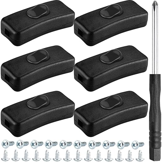 6PCS Inline Cord Switch AC 250V 2A Appliance Switch Replacement Button Control Rocker ON Off DPST with Cross Screwdriver Screw, for Bedroom Table Lamp Desk LED Lights OJ-318 Black