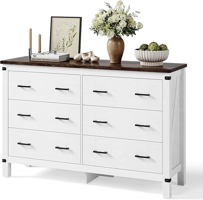 LINSY HOME Farmhouse 6 Drawer Double Dresser for Bedroom, 53” Wide Rustic Wood Chest with Deep Drawers, Modern Dressers with Storage and Metal Handles for Closet, Living Room, Hallway, Off White