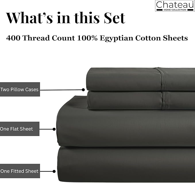 CHATEAU HOME COLLECTION California King Sheet Sets, 400 Thread Count Cotton Bed Sheets Deep Pocket Fits Upto 17", Soft & Comfy Cal King Sheets- Charcoal