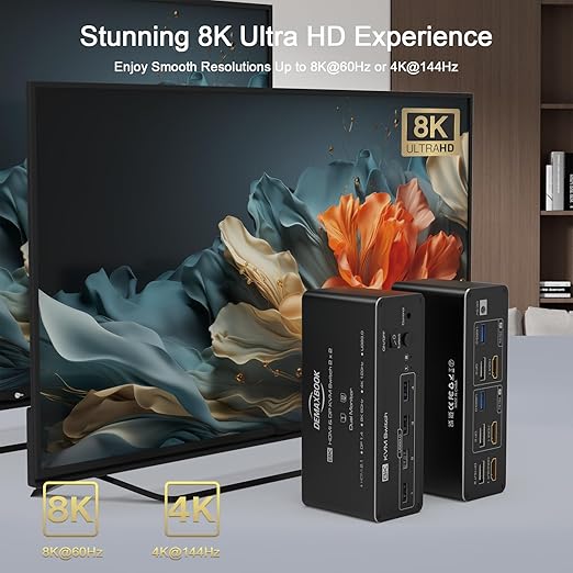DEMEXBOOK Dual Monitor HDMI Displayport KVM Switch 2 Monitors 2 Computers 8K@60Hz/4K@144Hz,2 Computers Share 2 Monitors,USB 3.0 Ports,Extended/Copy Mode Support,2 USB Cables,Remote Control Included