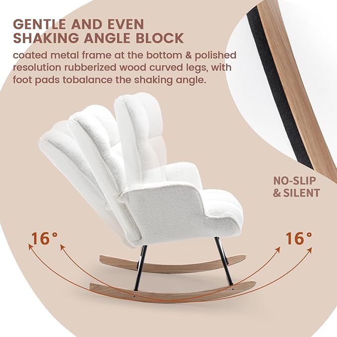 Rocking Chair Nursery Teddy Upholstered Glider Rocker Rocking Accent Chair Padded Seat with High Backrest Armchair Comfy Side Chair for Living Room Bedroom Offices (White Teddy)