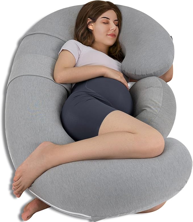 QUEEN ROSE Pregnancy Pillow, E Shaped Body Pillows for Sleeping Support, 60 Inch Maternity Pillow for Pregnant Women with Cooling Silky Cover, Grey