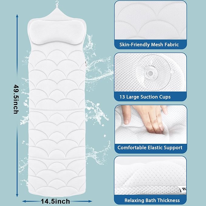 REEZEIVI Full Body Bath Pillow,Thick Bathtub Cushion with Laundry Bag,Bath Pillow with 13 Non-Slip Suction Cups,Soft 3D Mesh Fabric,Bathtub Cushion for Headrest Neck and Back Support (White)