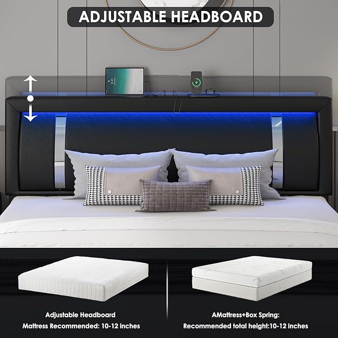 Keyluv King Size Bed Frame with RGB LED Lights & 2 Storage Drawers, Modern Upholstered Platform Bed with Iron Metal Decor, USB Charging Ports, Black