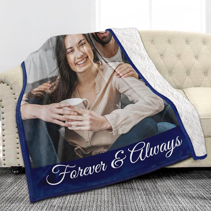 Custom Sherpa Fleece Blanket with Photos & Text - Soft, Warm & Fuzzy Personalized Couples Gifts for Boyfriend & Girlfriend - Customized Picture Blanket for Birthday, Anniversary & Christmas