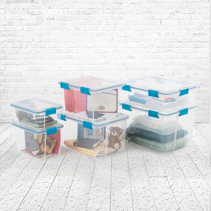 Sterilite 12-Pack Gasket Box, Weather-Resistant Storage Bins with Latching Lids, 7.5 Quart - Heavy-Duty Organizing Containers for Closet, Bathroom, and Office