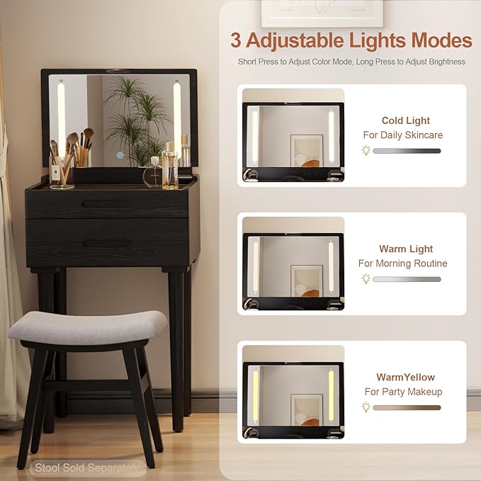 Solid Wood Small Vanity Desk with Mirror and Lights, Narrow Makeup Vanity for Small Space, Flip Top Vanity Side Table, 3 Color Modes & Adjustable Brightness, 19.6" Slim Dressing Table, Black
