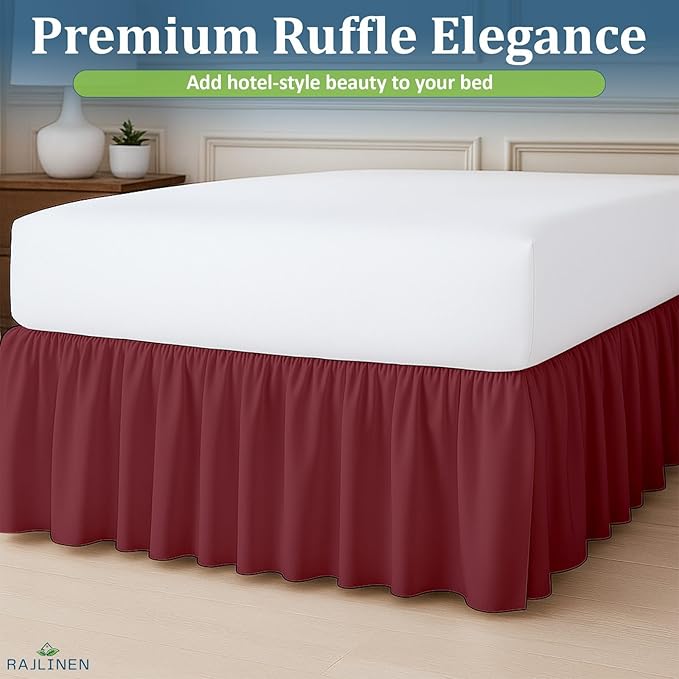 Rajlinen Ruffled Bed Skirt King, 8 Inch Drop Dust Ruffle with Split Corners, 100% Microfiber Bedskirt with Platform, Three-Sided Coverage Ruffled Gathering Design, Burgundy
