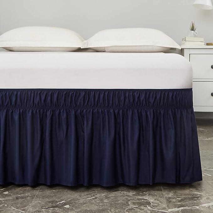 MEILA Wrap Around Bed Skirt Three Fabric Sides Elastic Dust Ruffled 16 Inch Tailored Drop,Easy to Install Fade Resistant-Navy Blue, Queen/King