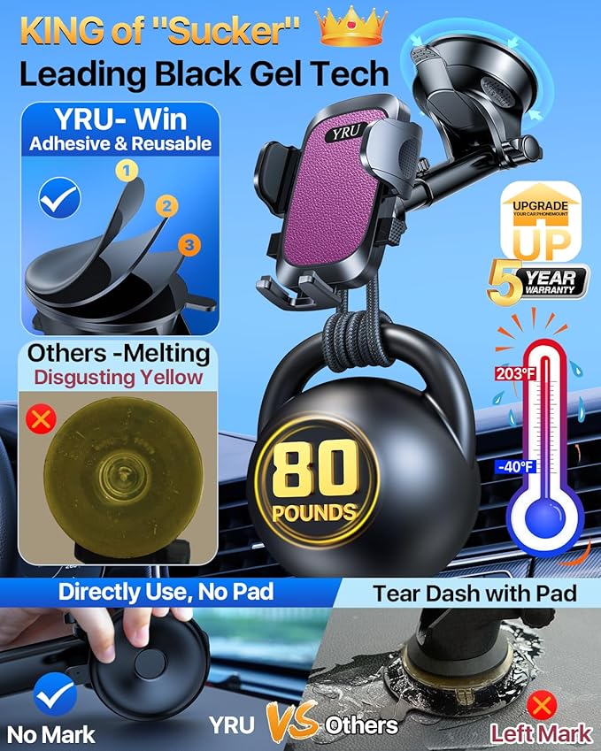 [2025 Upgrade Extreme Strong Suction] YRU Car Phone Holder Mount,[Bumpy Road Stable]Dashboard Cell Phone Holder for Car Vent Windshield Phone Stand for iPhone 16 15 14 13 Pro Max Samsung Truck, Purple