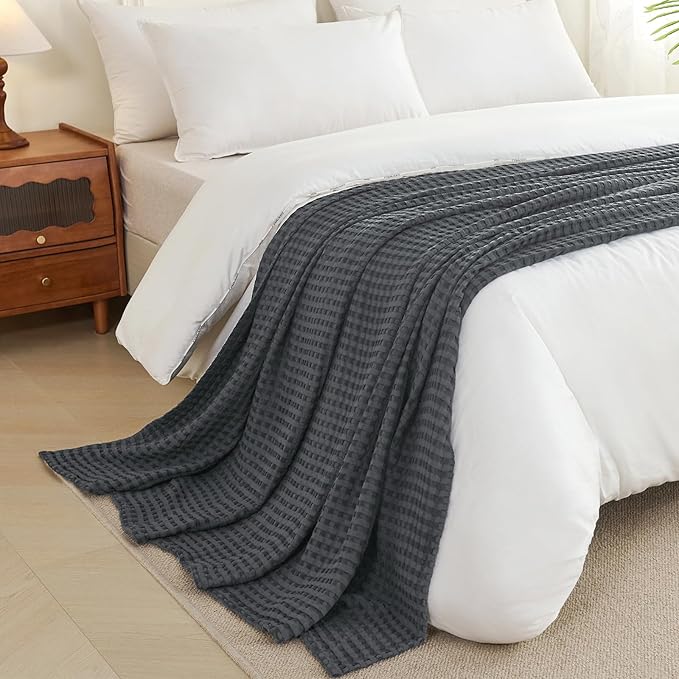 Aganear Waffle Blanket - Lightweight Breathable Summer Blanket of 50% Cotton and 50% Rayon Derived from Bamboo for Hot Sleepers Luxury Throws for Bed, Couch and Sofa,Dark Grey,90x90 Inches