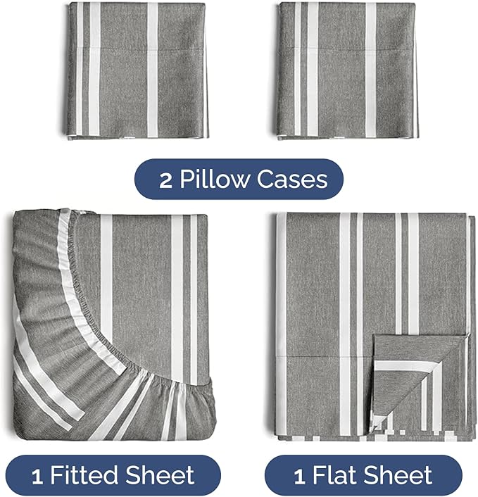 Twin XL 4 Piece Sheet Set - Cooling, Comfy & Breathable - Hotel Luxury Bedding Includes Fitted Sheet for Women, Men, Kids & Teens - 1 Flat, 1 Fitted Sheet, 2 Pillowcases w/Deep Pockets - Grey Stripes