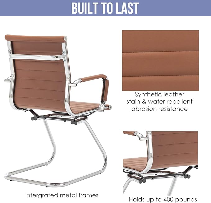 Wahson Office Guest Chairs Set of 2, Leather Reception Chairs, Mid Back Waiting Room Chair, Conference Chairs with Sled Base, Desk Chair No Wheels for Meeting/Lobby/Restroom, Coffee