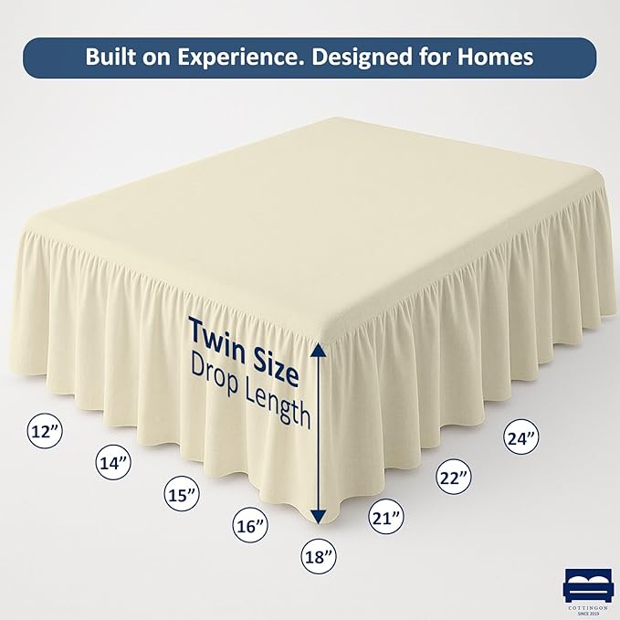 Cottingon Ruffled Bed Skirt with Split Corners-Dust Ruffle - 14" Drop 100% Microfiber Soft,Sheen & Luxurious Look - Bed Skirts (Ivory -Twin)