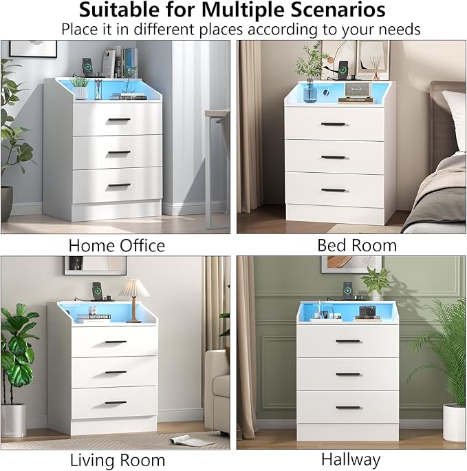 3 Drawers Dresser with Power Outlet, Chest of Drawers with LED Light, White Dresser Organizer with Open Storage Cubby, Modern Nightshatnd for Bedroom, Living Room, Entryway, Hallway