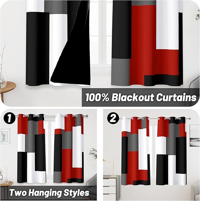 Red Black 100% Blackout Curtains 45 inch Length 2 Panels Set White Grey Modern Abstract Geometric Drapes for Kitchen Black Out Curtains Insulated Room Darkening Small Window Curtains, 42Wx45L
