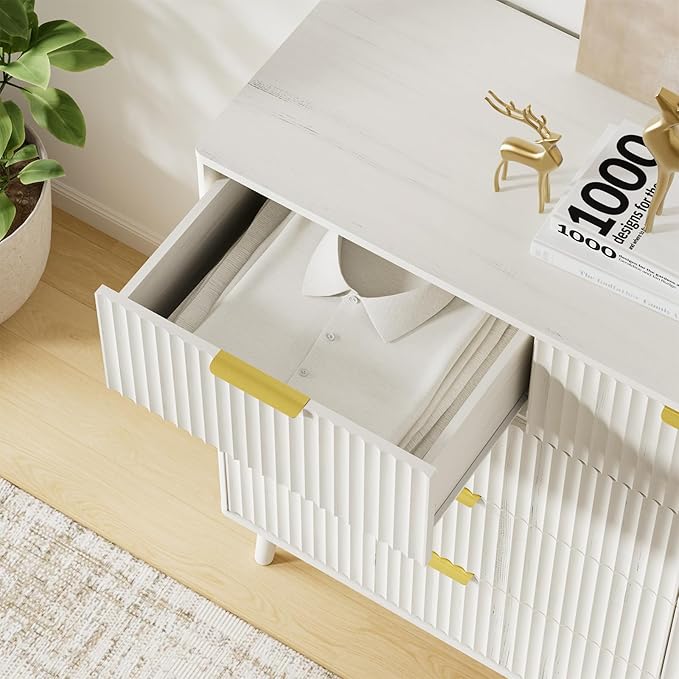 LYNSOM Fluted 9 Drawer Dresser for Bedroom, 55" Wide Modern Chest of Drawers with Curved Profile Design and Metal Handles, Wood Dresser TV Stand & Storage Organizer for Bedroom, Hallway, White