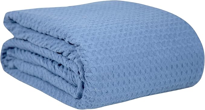 HILLFAIR 100% Combed Cotton Blanket– King Size Bed Blankets– Warm Soft All Season Breathable Lightweight Summer Blankets– Waffle Weave Home Decor Bed Blanket- Blue King Bed Cotton Blankets/Bedcovers