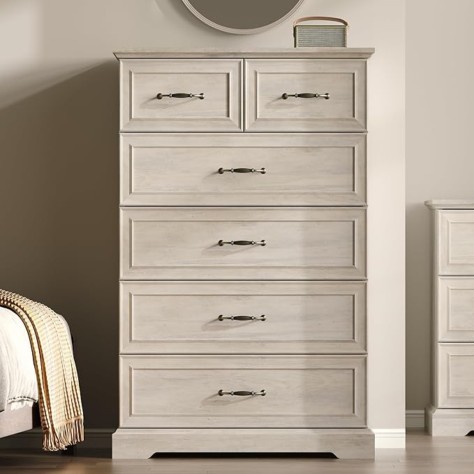 Farmhouse 6 Drawers Dresser for Bedroom, 49" Tall Modern Chest of Drawers with Deep Drawers & Bar Handles, Rustic Wood Dresser TV Stand, Wooden Closet Storage Organizer for Living Room, Hallway, Grey
