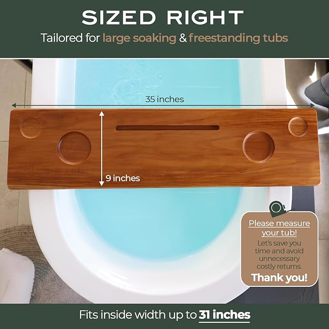 Grand Fjord Teak Bathtub Tray for Large Soaking Tub – Extra Long 35” Luxury Bath Tray for Freestanding Tubs with Candle Holders, Tealight Jars & Premium Towel by JapandiSpirit