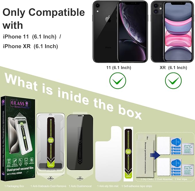 (2-Pack Anti-Spy Privacy Screen Protector for iPhone 11/XR(6.1-Inch),9H Tempered Glass,Full Coverage,Anti-Fingerprint,Auto Dust Removal,Bubble-Free,Easy Installation