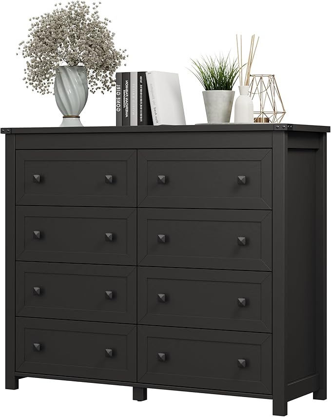 Dresser for Bedroom with 8 Drawers, Farmhouse Wood Chest of Drawers, Wide TV Stand Closet Storage Furniture with Metal Handle, Modern Clothes Organizer for Hallway, Living Room, Entryway, Black