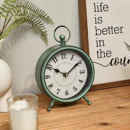 Vintage Small Rustic Green Table Clock on Stand - Decorative Desk and Shelf Clock, Battery Operated, Silent Non-Ticking Timepiece Perfect for Office, Living Room, and Bedroom Decor