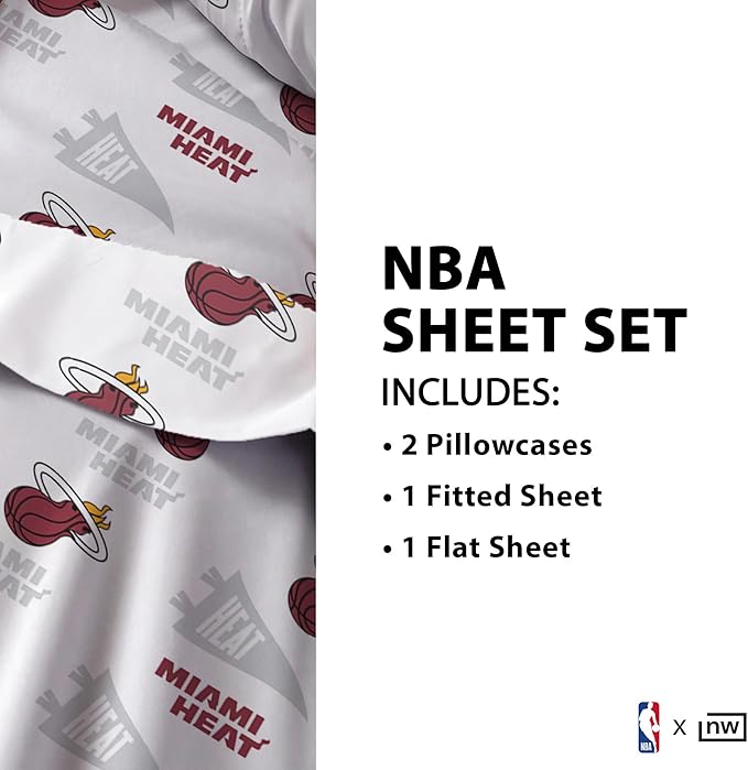 Northwest Officially Licensed Miami Heat NBA Full Size Sheet Set – Soft Team Logo Bedding for Dorms, Bedrooms, Fan Caves & Game Day Style
