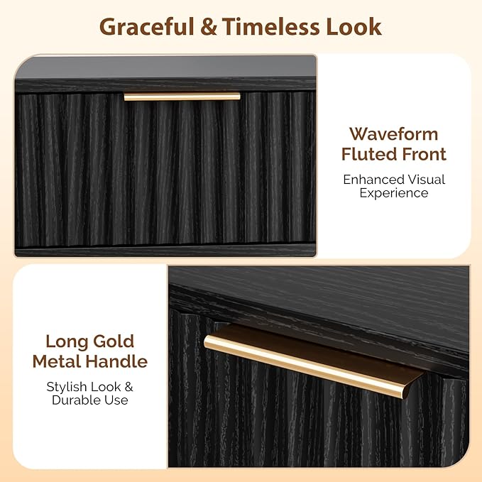 VINGLI Fluted Nightstand with Drawer, 19" W Mid Century Modern Nightstand for Bedroom, Bedside Table, End Tables Bedroom, Wood Night Stand, Black, 18.9" W*14.96" D*24" H