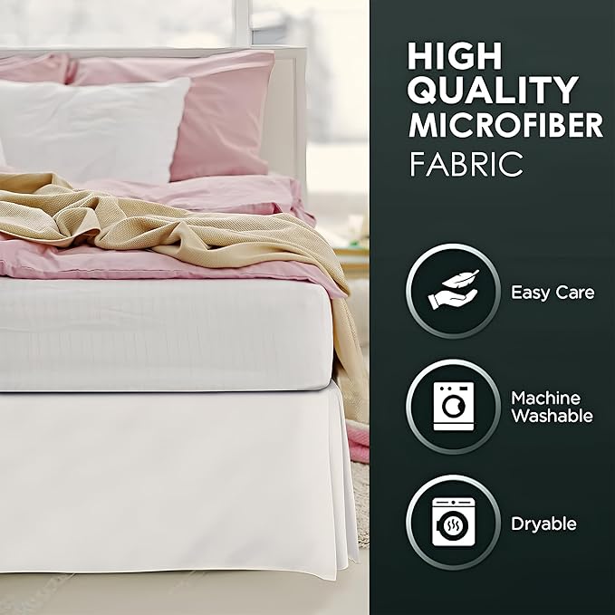Pleated Bed Skirt Queen Size, 16" Drop with Platform Design for Secure Fit, Split Corners, Wrinkle-Resistant Microfiber for Modern Stylish Look, Tailored Bedding for Hotel Luxury - Ivory
