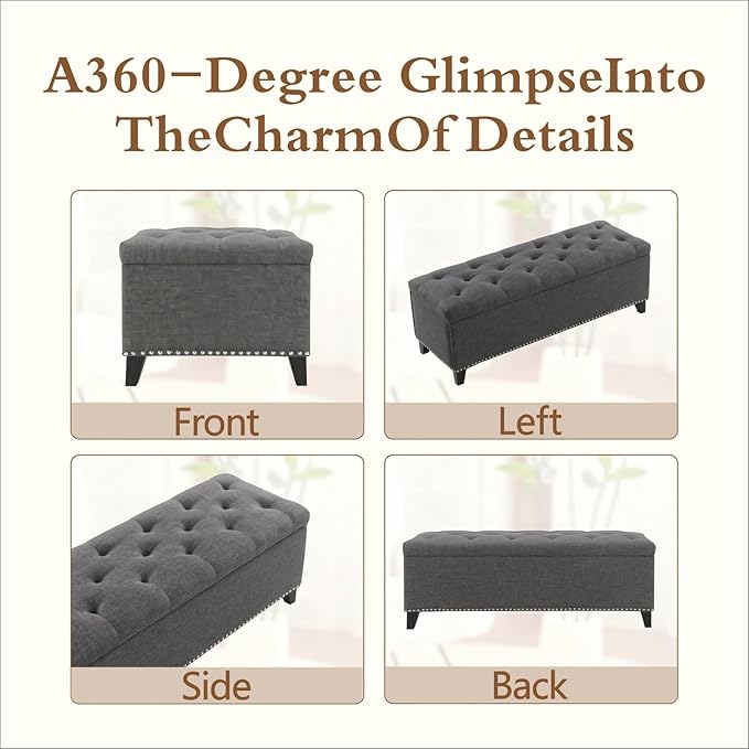 47.5” Storage Ottoman Bench, Upholstered Button-Tufted End of Bed Bench with Soft-Close Hinge & Solid Wood Legs, Foot Rest for Living Room, Bedroom, Hallway (Linen, Dark Grey)