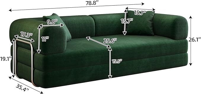 79" Convertible Sofa Bed, Corduroy Folding Pull Out Couch with Pillows, No Assembly Modern Boneless Couch Compression Sofa in Box, Floor Sofa with Support Rods for Living Room,Dark Green