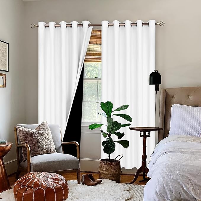 BGment Thermal Insulated 100% Blackout Curtains for Bedroom with Black Liner, Double Layer Full Room Darkening Noise Reducing Grommet Curtain (60 x 84 Inch, White, 2 Panels)