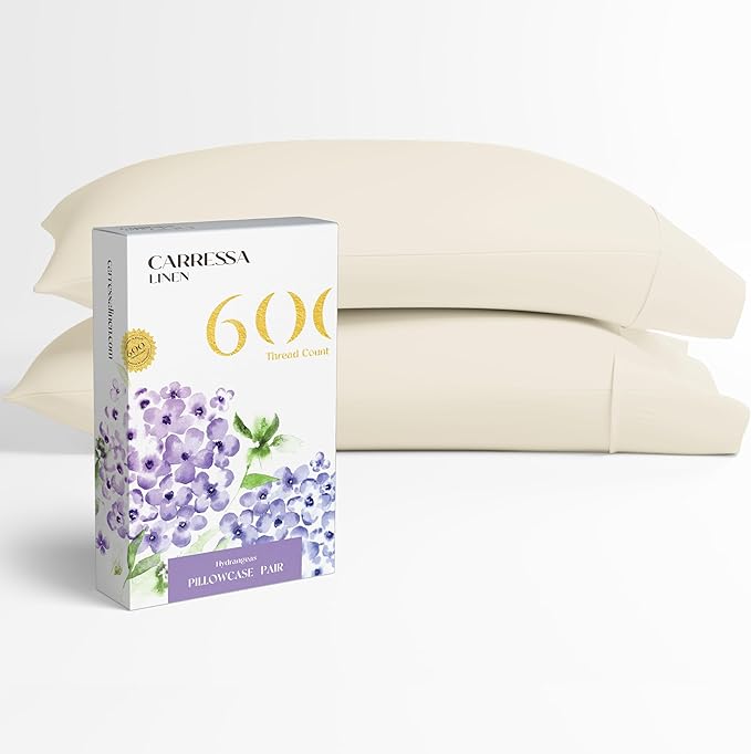 Carressa Linen 100% Egyptian Cotton King Size Pillow Cases Set of 2 - Luxury 600 Thread Count King Pillowcases (Ivory), Silky Soft, Cooling, Breathable Sateen Weave Hotel Quality Bed Pillow Cover