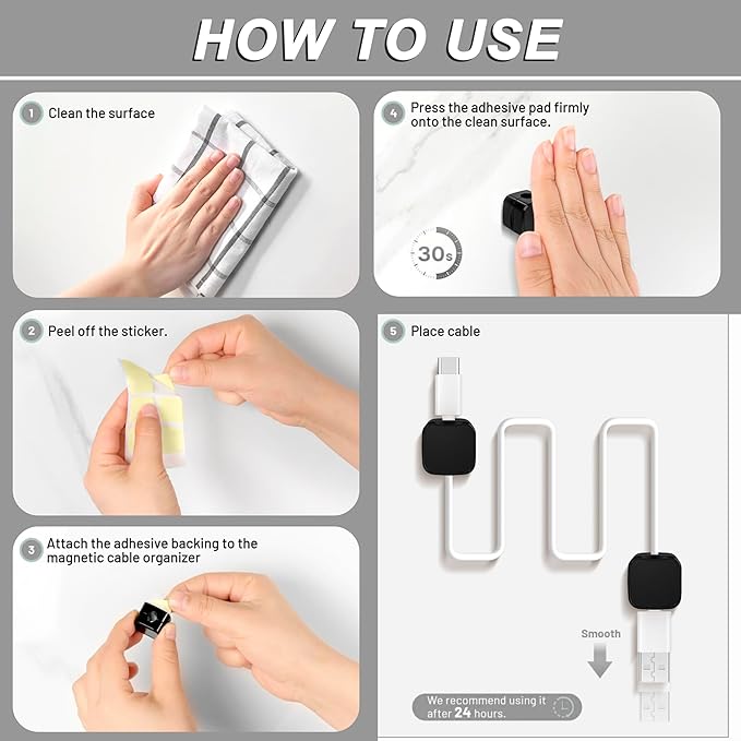 SaiTech IT Magnetic Cable Clips, Cord Organizer Holder, for Desk Cable Management, Adhesive Wire Keeper for Car, Office Home Desktop, Wall, Night Table (12 Pack)