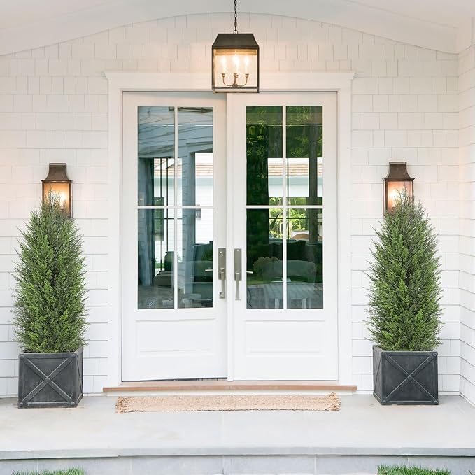 Briful 2PCS 4ft Artificial Cedar Topiary Trees in White Planter – Medium Faux Evergreen Potted Plants, Indoor Outdoor Fake Shrubs, Lifelike Fake Cypress Trees for Home, Office, Patio, Porch