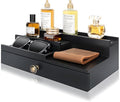 EOSAHR Modern Wooden Cologne Organizer for Men - 3 Tier Cologne Stand with Storage Drawer and Hidden Compartment - Perfume Organizer for Dresser (Black)