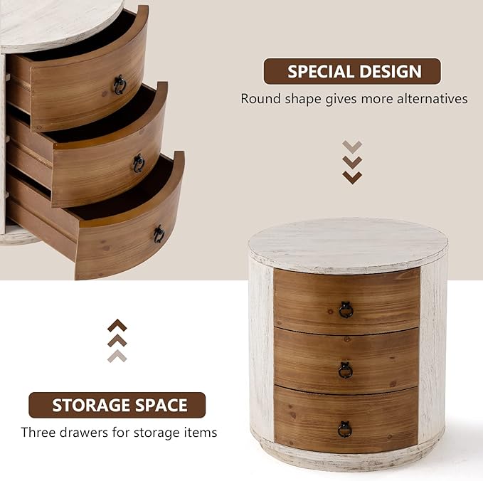 COSIEST 3 Drawer Chest of Drawers, 20 inch MDF Round Storage Cabinet, Retro Whitewash Finish Nightstand, Wood Bedside Table with Drawers for Bedroom Living Room