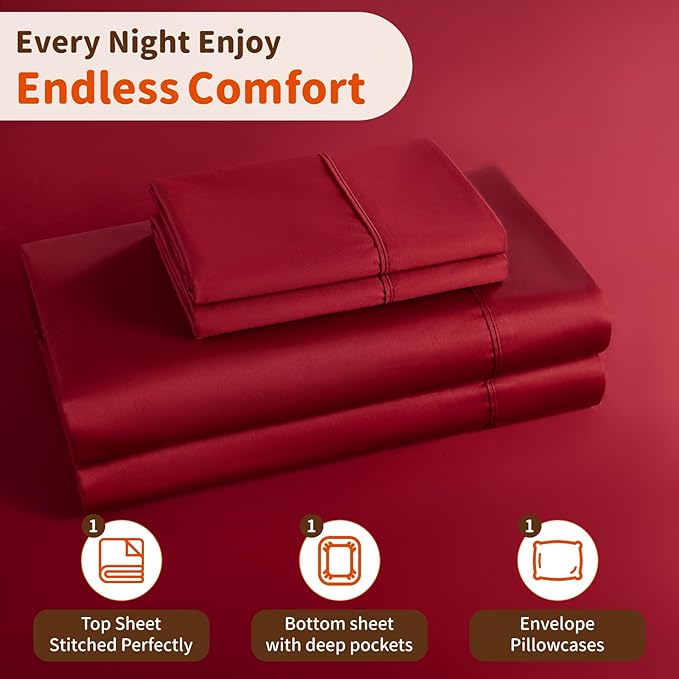 LBRO2M 1000 Thread Count 100% Egyptian Cotton Sheets Set Twin, 3 Piece Sets Bed Sheet Deep Pocket Sheet Set 16" Soft Comfortable All Season (Twin, Burgundy)