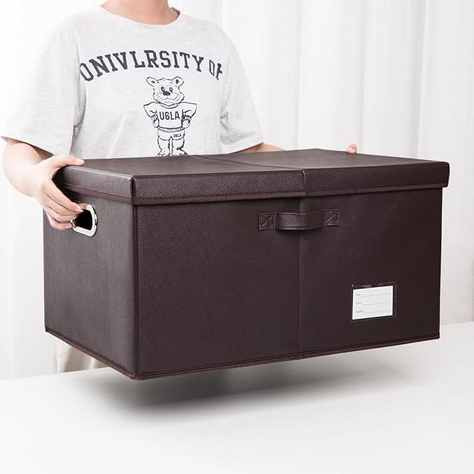 PRANDOM Collapsible Storage Box with Lid [3-Pack] Leather Fabric Foldable Storage Bin Organizer Container Basket Cube with Cover for Home Bedroom Closet Office Nursery Brown(22.8X15.7X11.8)
