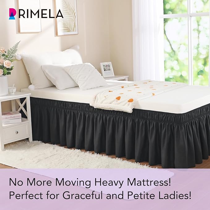 RIMELA Black Bed Skirt Twin Size 15 Inch Drop, Elastic Bed Skirting for Bed Base and Frame, Bedding Dust Ruffle Easy to Install, Lightweight Wrap Around Adjustable Bedskirt